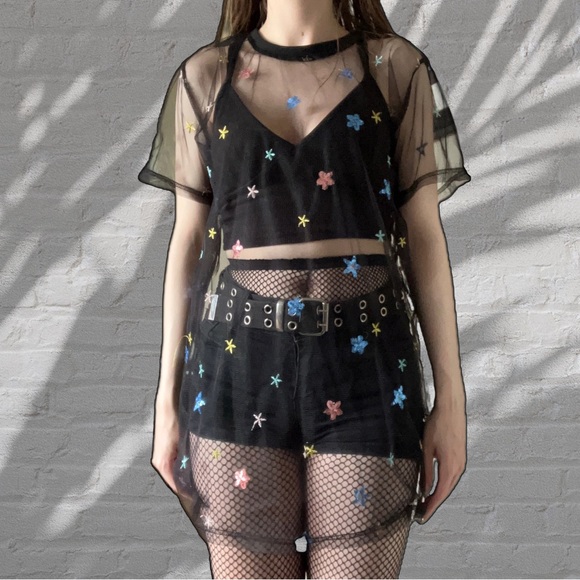 NEW BEAUTIFUL RARE CELESTIAL STAR EMBROIDERY BLACK MESH DRESS - Picture 4 of 15